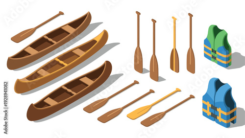 set of hand drawn wooden canoes with paddles and colorful life jackets isometric illustration