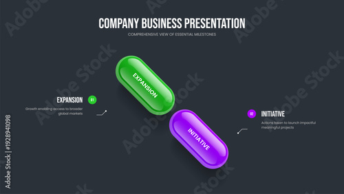 Marketing Review Two Option Diagram Slide Design. Company Plan Presentation Layout Vector Illustration. Enterprise Strategy 2 Element Infographic Slideshow Template.