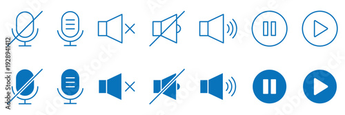 Audio and media control icon set including play pause volume mute and microphone symbol in blue and white line and solid style.