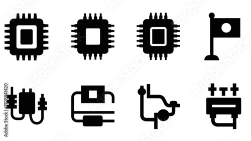 set of black silhouette circuit board chips and electronic icon pack in minimalist style