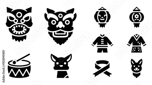 Chinese new year traditional icons set in black silhouette style including lion dance mask lantern clothes drum and rabbit