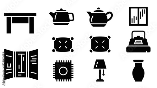 collection of home decor and kitchen appliance silhouette icons including table teapots cushions screen stove lamp and vase in black