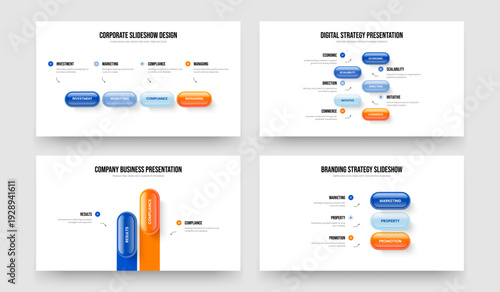 Investor Report Four Five Two Three Element Infographic Slide Layout Vector Illustration Set. Professional Development 4 5 2 3 Option Diagram Slideshow Template Collection.
