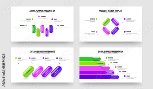 Project Plan 5 4 Step Infographic Slide Design Collection. Advertising Forecast Five Four Element Diagram Slideshow Template Vector Illustration Bundle.
