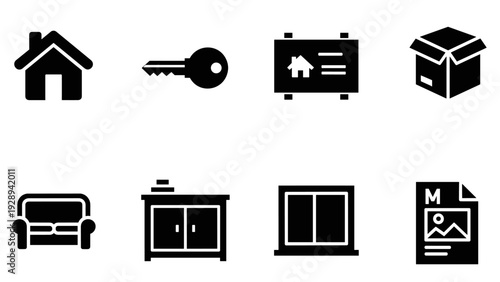 set of black house and furniture icons including home key sign package sofa cabinet window and brochure in silhouette style