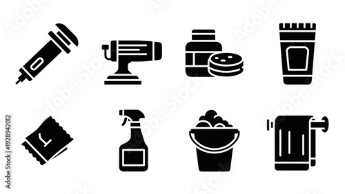 cleaning tools and products icon set in black silhouette style for household and janitorial use