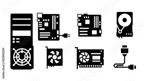 black computer hardware icons set including desktop tower motherboard power supply graphic cards hard drive and cable