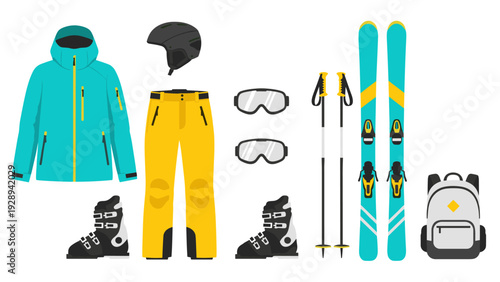 skiing equipment set with jacket pants boots skis poles helmet goggles and backpack in flat style