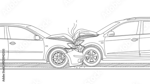 two cars front collision crash accident hand drawn line art vector illustration