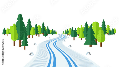 winter cross country skiing trail with trees in flat vector style
