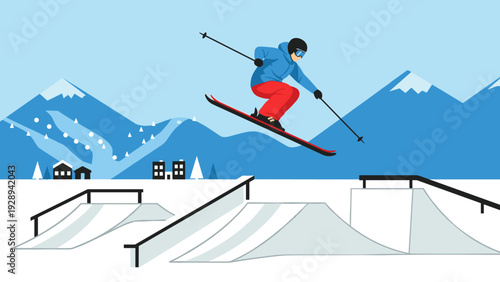 skier jumping over ramps in winter sports park with mountain background flat vector illustration