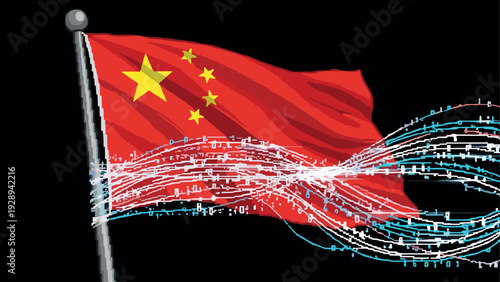 china national flag with flowing digital binary code design concept in vibrant style