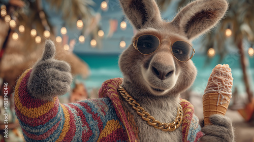 Funky 3D Kangaroo with Giant Ice Cream at Tropical Beach