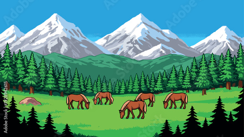 horses grazing in mountain meadow with pine forest and snow capped peaks hand drawn landscape illustration