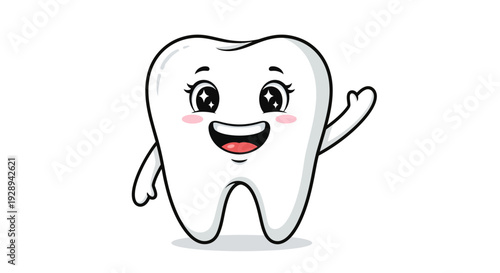 Cute happy cartoon tooth character with sparkling eyes waving