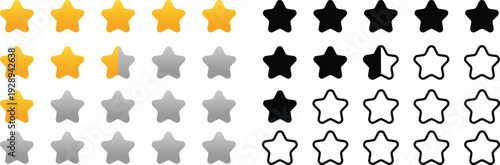 Set of various star rating icons for product reviews, user experience feedback, and customer satisfaction evaluation in multiple styles, including solid and outline designs