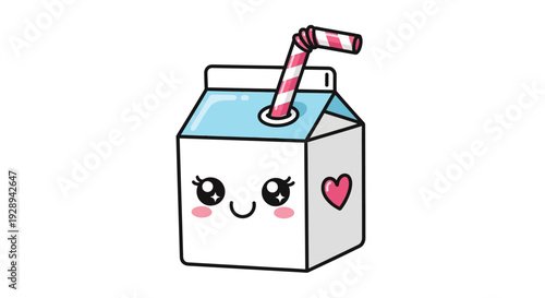 Cute Kawaii Milk Carton with Pink Striped Straw and Heart