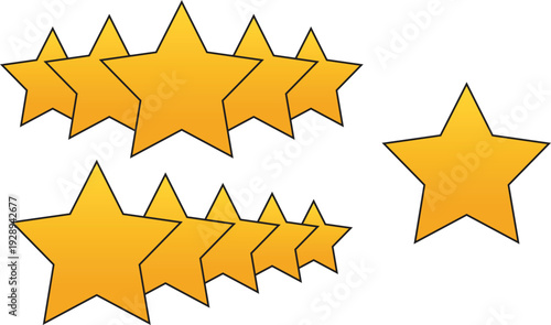 A set of numerous golden stars arranged in two rows and as a single element, ideal for indicating customer ratings, quality feedback, achievement, or prize awards in vector format.