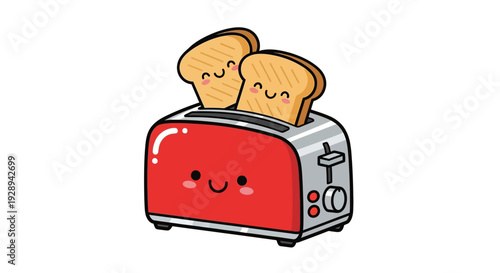 Cute Red Toaster with Smiling Kawaii Toast Slices