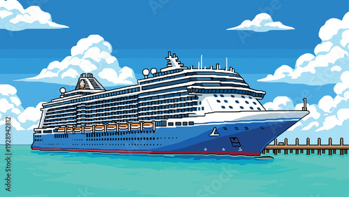 large cruise ship docked at port in hand drawn cartoon style with blue ocean and cloudy sky background