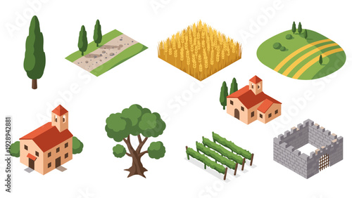 isometric rural landscape elements collection with farmhouses trees fields vineyards and stone fortress in flat design