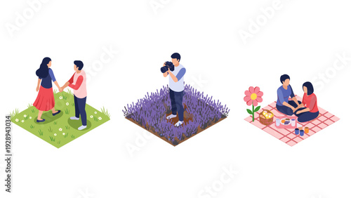 isometric couple engagement photography and picnic scenes in nature with hand drawn style