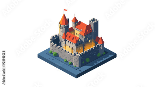 isometric medieval castle with red roofs hand drawn digital illustration for game design and fantasy art
