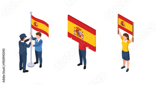 isometric people holding and raising spain flags in flat style patriotic illustration