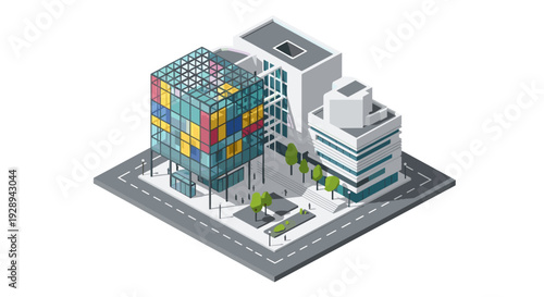 isometric city block with modern office buildings colorful glass facade and urban park area