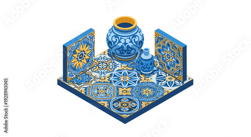 isometric ceramic vase and pot on blue yellow traditional tiled floor with two decorative tile panels hand drawn illustration