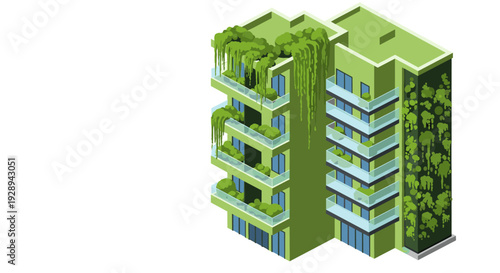 isometric modern green apartment building with balconies plants and vertical garden design illustration