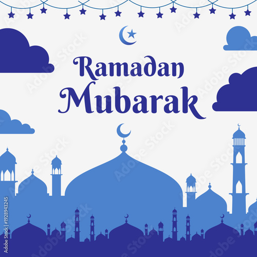 Ramadan Mubarak Illustration with Layered Blue Mosque Silhouettes and Stars