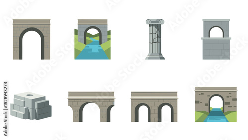 set of ancient stone arches columns aqueducts and bridges flat vector illustrations