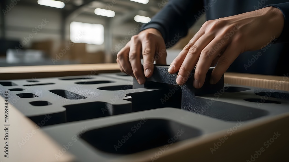 Fototapeta premium Hands placing object in mold closeup.