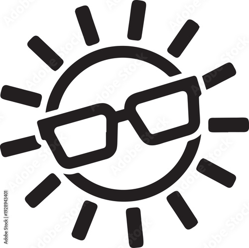 Smiling sun character wearing stylish sunglasses with bright rays shining in minimalist black silhouette style for summer themes
