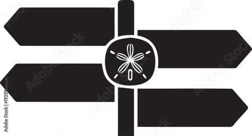 Blank wooden beach signpost silhouette with sand dollar emblem in center for tropical navigation and coastal directional messages