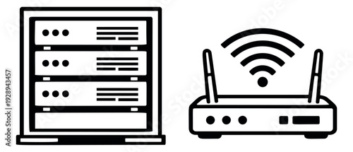 Line art technology icon set featuring a server rack and a WiFi router for network infrastructure