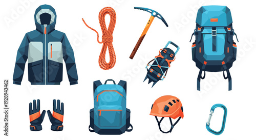 mountaineering equipment set flat vector illustration with jacket gloves backpack rope helmet ice axe crampons carabiner