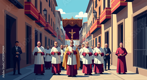 Catholic religious procession with clergy members walking on street in flat vector style