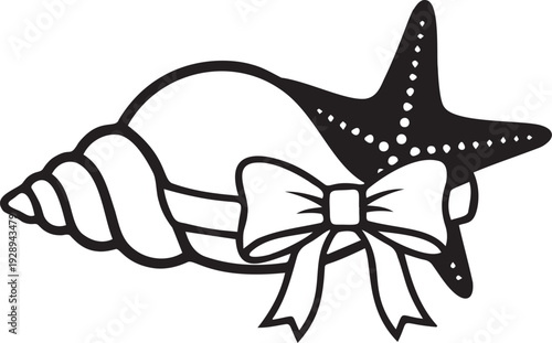 Starfish and seashell with ribbon bow vector design. marine life outline silhouette. sea creatures art illustration