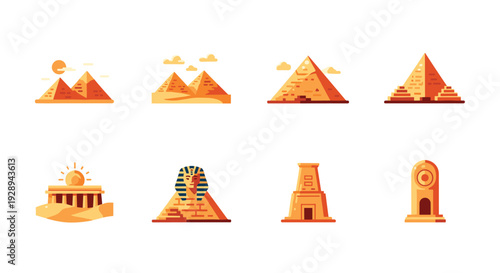 set of ancient egyptian pyramids sphinx and temple icons in flat style