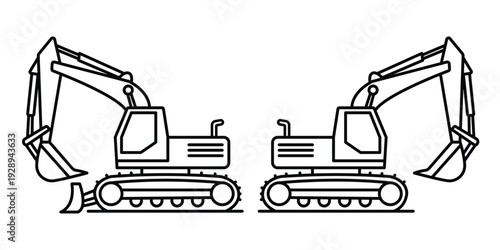 Vector Illustration of Two Heavy Duty Excavator Construction Machinery Facing Each Other - Set of Industrial Digging Equipment Outline Icon for Building and Engineering Design