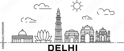 Outline of the Delhi skyline featuring iconic landmarks like Qutub Minar India Gate and Lotus Temple under a sun and clouds