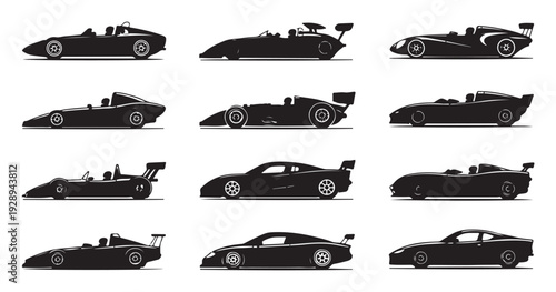 Set of black and white silhouettes of various racing cars and sports cars from side view isolated on white background