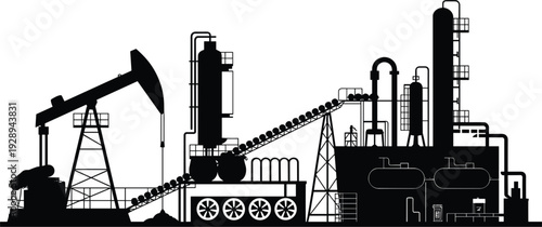 Silhouette of an industrial oil extraction and processing facility with pumpjack and refinery structures