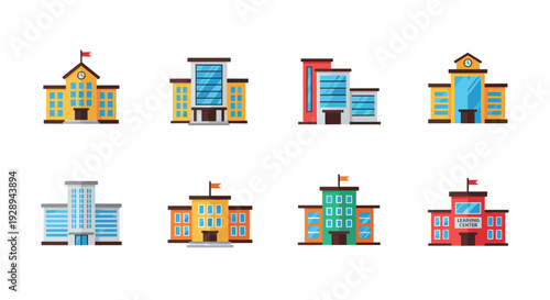 set of colorful hand drawn school buildings and learning centers illustration collection