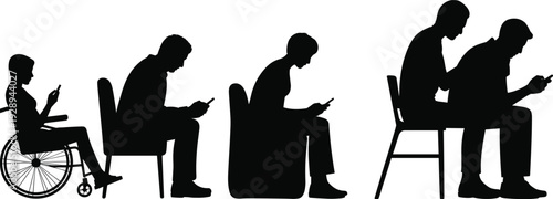 Silhouettes of people using mobile phones in various seated positions illustrating modern digital device dependence and isolation