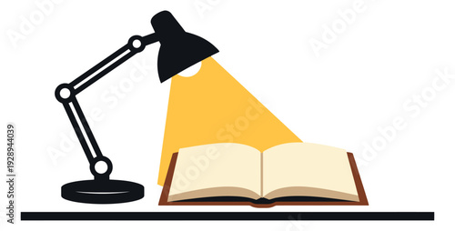 Simple graphic illustration of a desk lamp illuminating an open book for reading and study