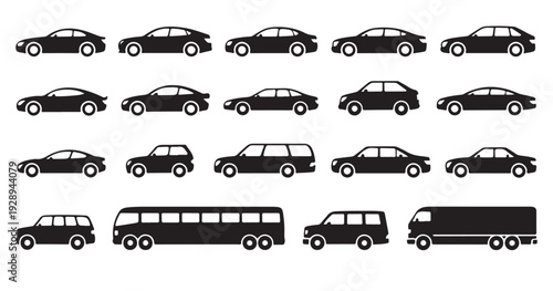 Set of assorted car types icons side profile on white background modern vector design
