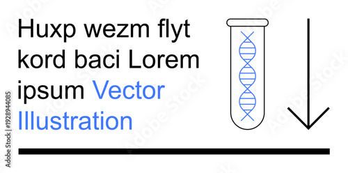 Education, genetics, research, biology, scientific analysis, data visualization. DNA helix inside a test tube with downward arrow and text. Genetics and scientific research concept
